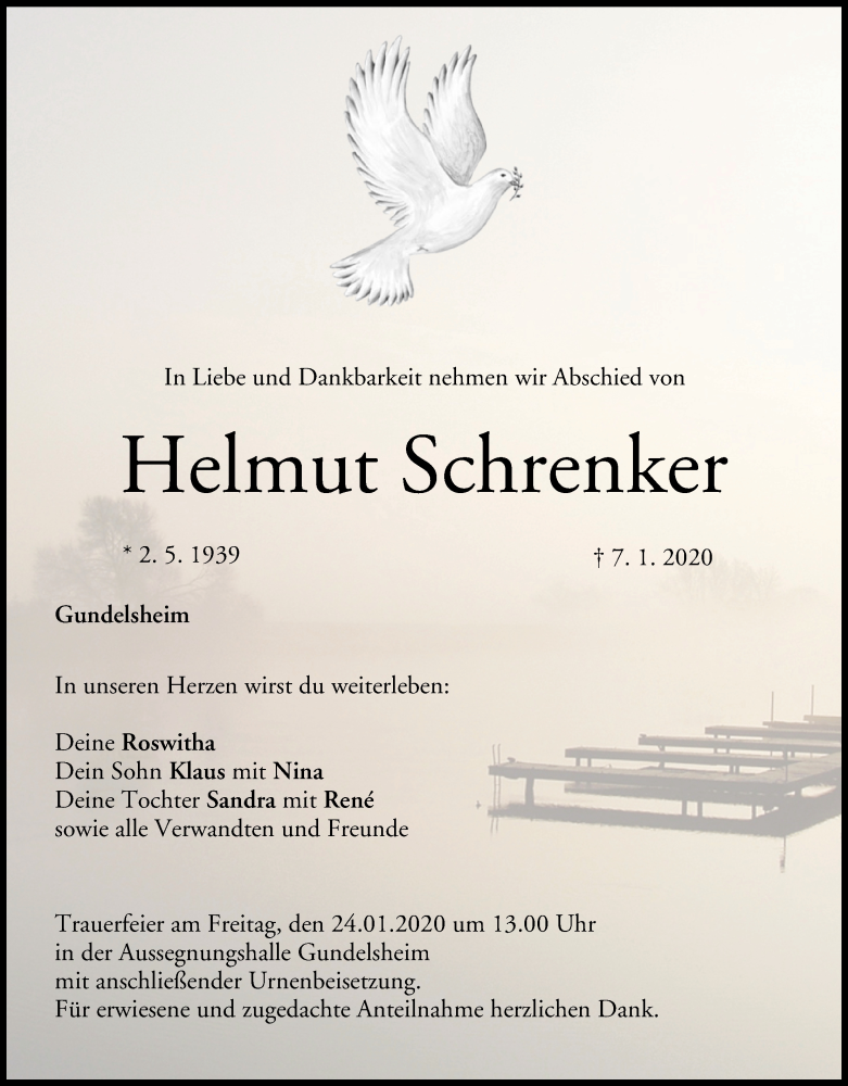  Traueranzeige für Helmut Schrenker vom 18.01.2020 aus MGO