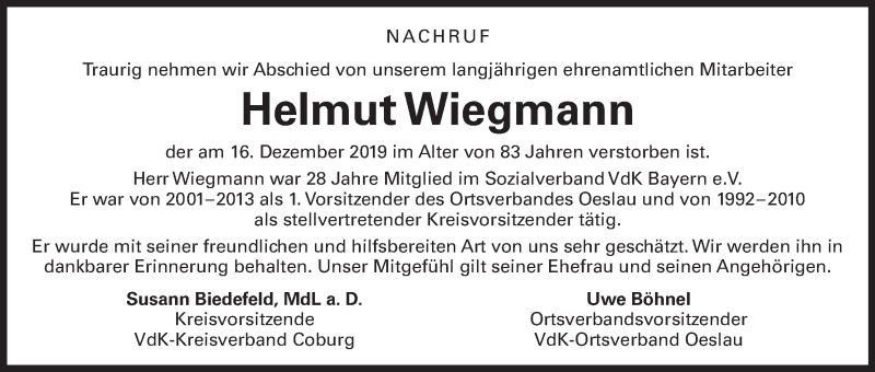  Traueranzeige für Helmut Wiegmann vom 11.01.2020 aus MGO