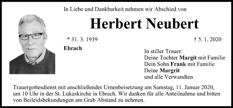  Traueranzeige für Herbert Neubert vom 08.01.2020 aus MGO