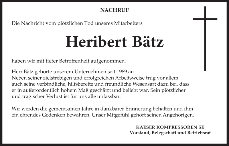  Traueranzeige für Heribert Bätz vom 13.01.2020 aus MGO