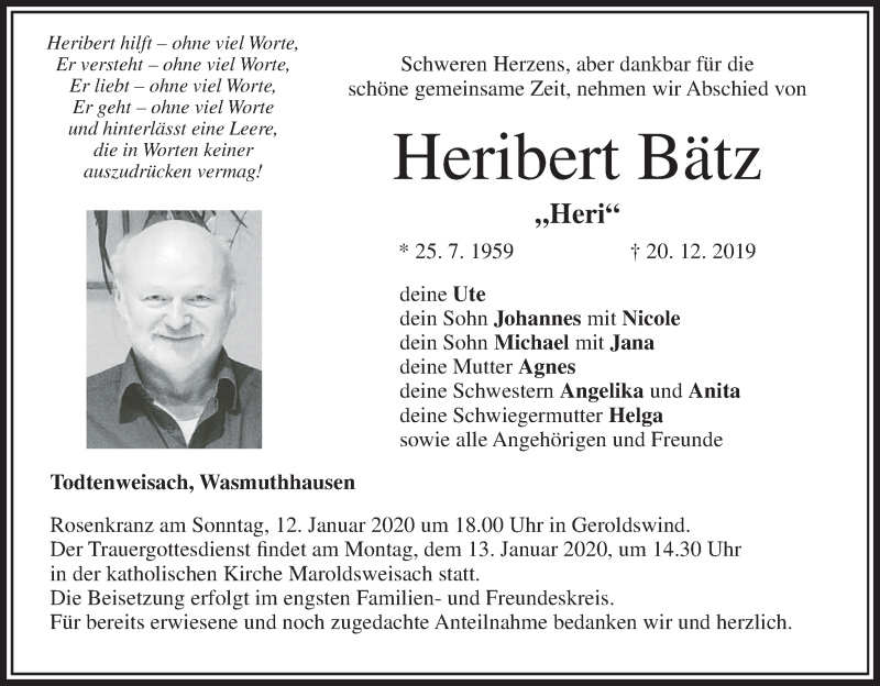  Traueranzeige für Heribert Bätz vom 11.01.2020 aus MGO