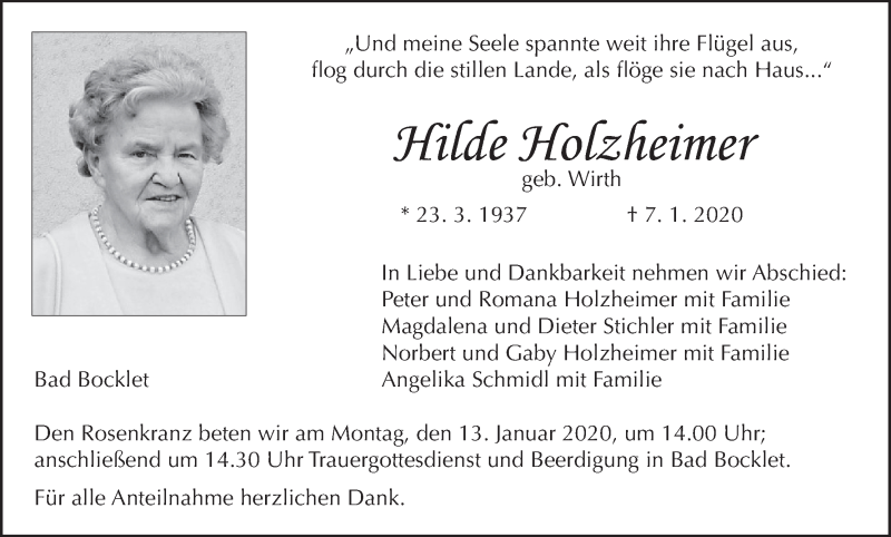  Traueranzeige für Hilde Holzheimer vom 09.01.2020 aus MGO