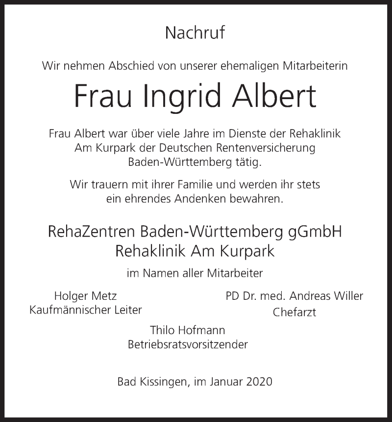  Traueranzeige für Ingrid Albert vom 11.01.2020 aus MGO