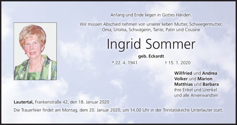  Traueranzeige für Ingrid Sommer vom 18.01.2020 aus MGO