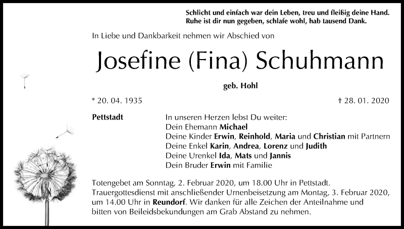  Traueranzeige für Josefine  Schuhmann vom 31.01.2020 aus MGO