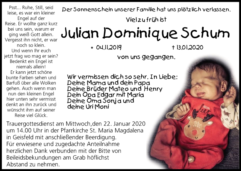  Traueranzeige für Julian Dominique Schum vom 18.01.2020 aus MGO