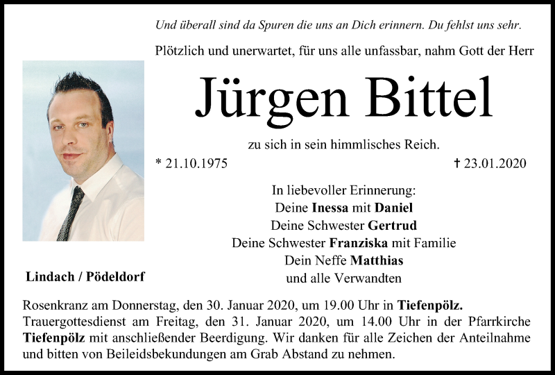  Traueranzeige für Jürgen Bittel vom 28.01.2020 aus MGO