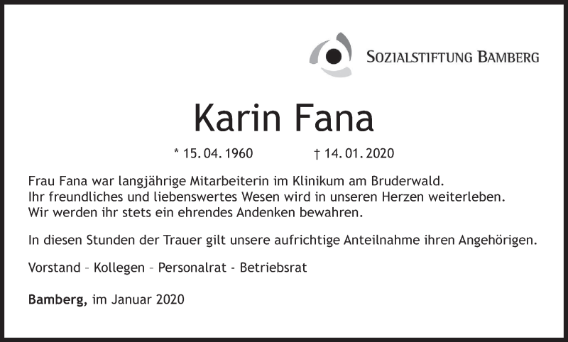  Traueranzeige für Karin Fana vom 25.01.2020 aus MGO
