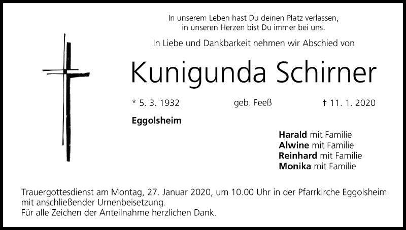  Traueranzeige für Kunigunda Schirner vom 22.01.2020 aus MGO