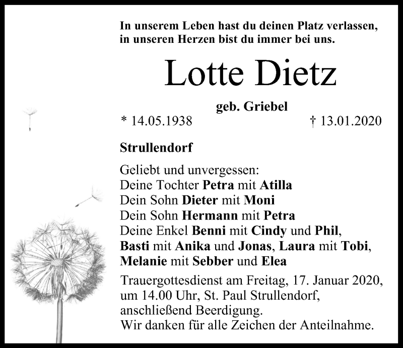  Traueranzeige für Lotte Dietz vom 15.01.2020 aus MGO