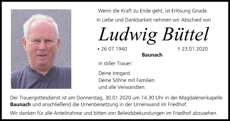  Traueranzeige für Ludwig Büttel vom 27.01.2020 aus MGO