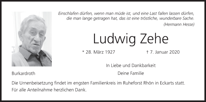  Traueranzeige für Ludwig Zehe vom 11.01.2020 aus MGO