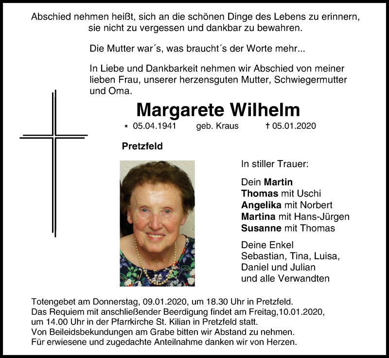  Traueranzeige für Margarete Wilhelm vom 08.01.2020 aus MGO