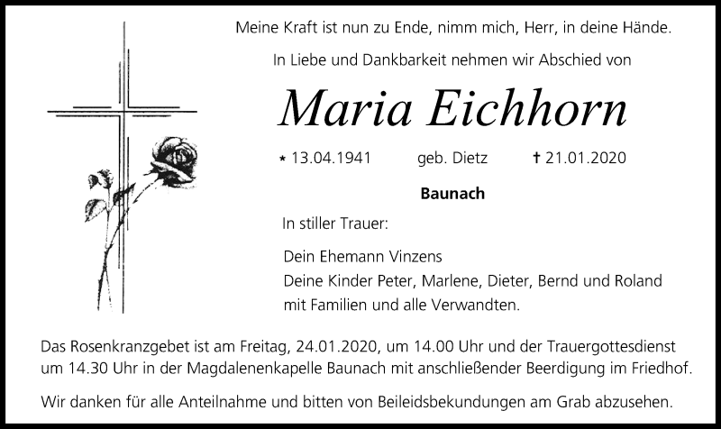 Traueranzeige für Maria Eichhorn vom 22.01.2020 aus MGO