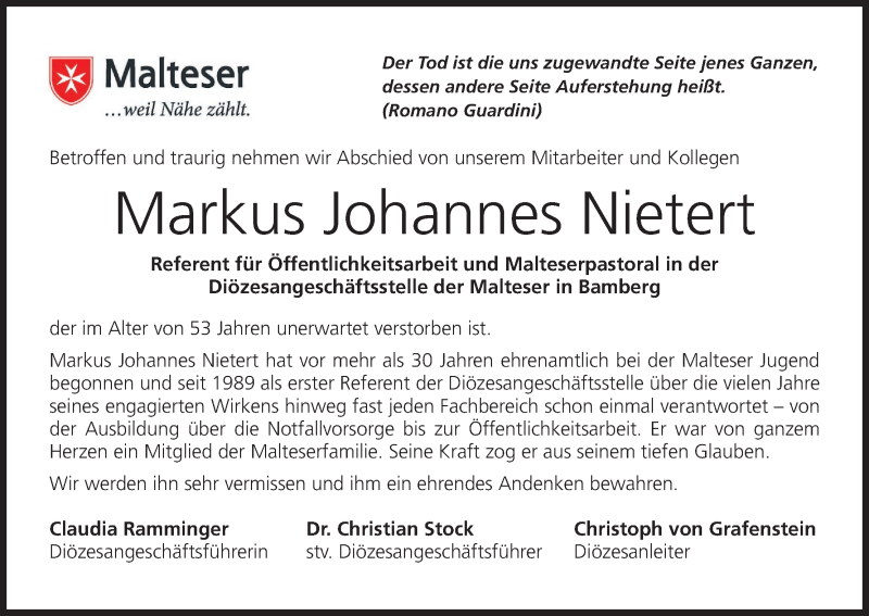  Traueranzeige für Markus Johannes Nietert vom 09.01.2020 aus MGO