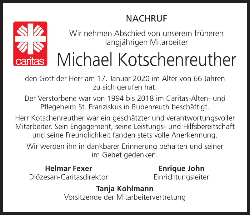  Traueranzeige für Michael Kotschenreuther vom 22.01.2020 aus MGO