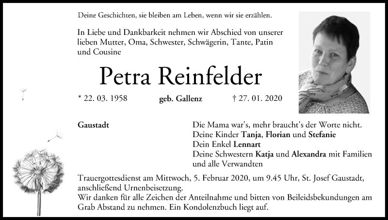  Traueranzeige für Petra Reinfelder vom 29.01.2020 aus MGO