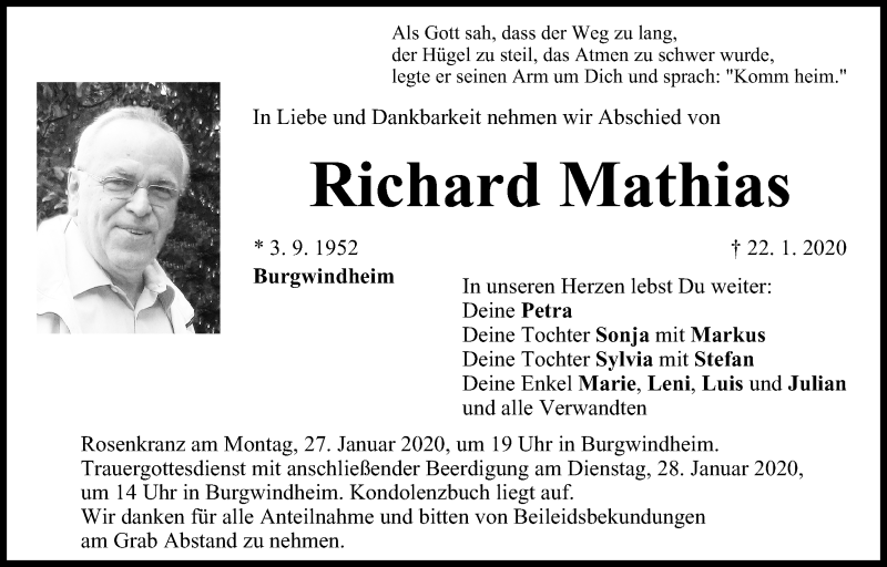  Traueranzeige für Richard Mathias vom 25.01.2020 aus MGO