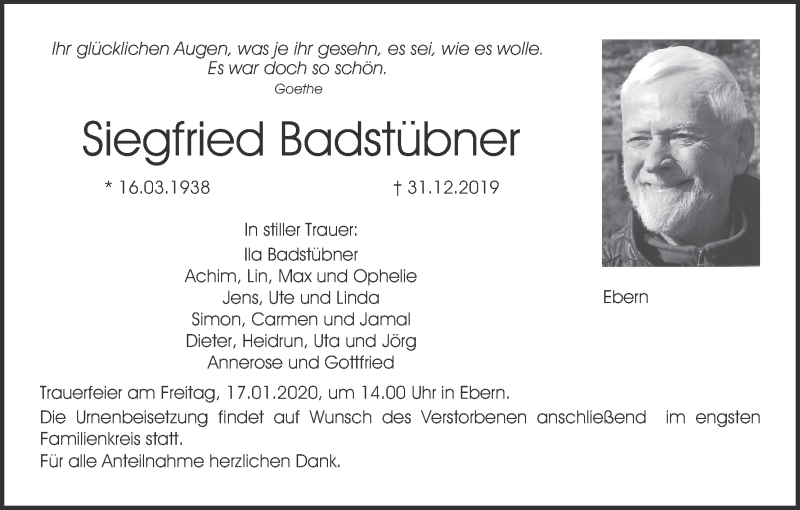  Traueranzeige für Siegfried Badstübner vom 11.01.2020 aus MGO