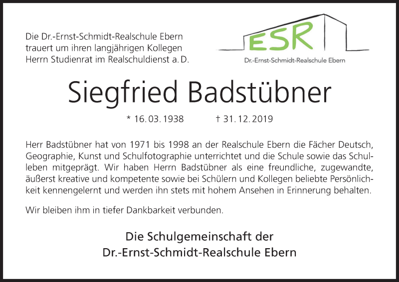  Traueranzeige für Siegfried Badstübner vom 11.01.2020 aus MGO