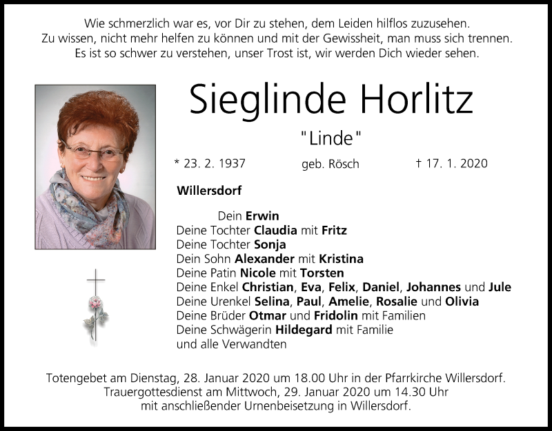  Traueranzeige für Sieglinde Horlitz vom 25.01.2020 aus MGO