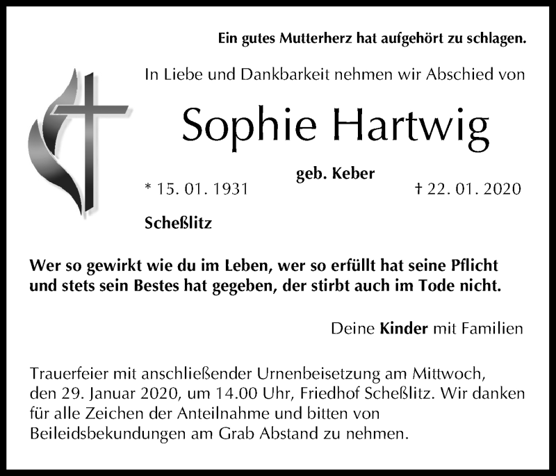  Traueranzeige für Sophie Hartwig vom 25.01.2020 aus MGO