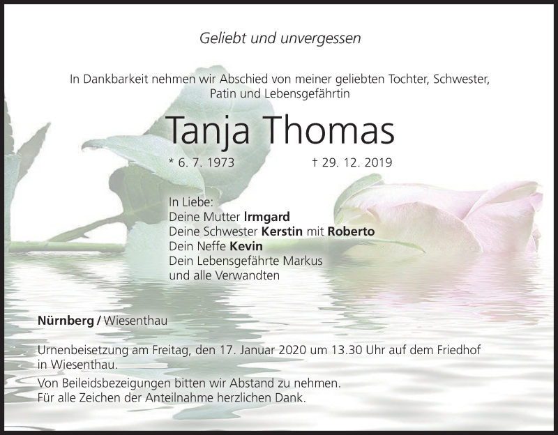  Traueranzeige für Tanja Thomas vom 11.01.2020 aus MGO