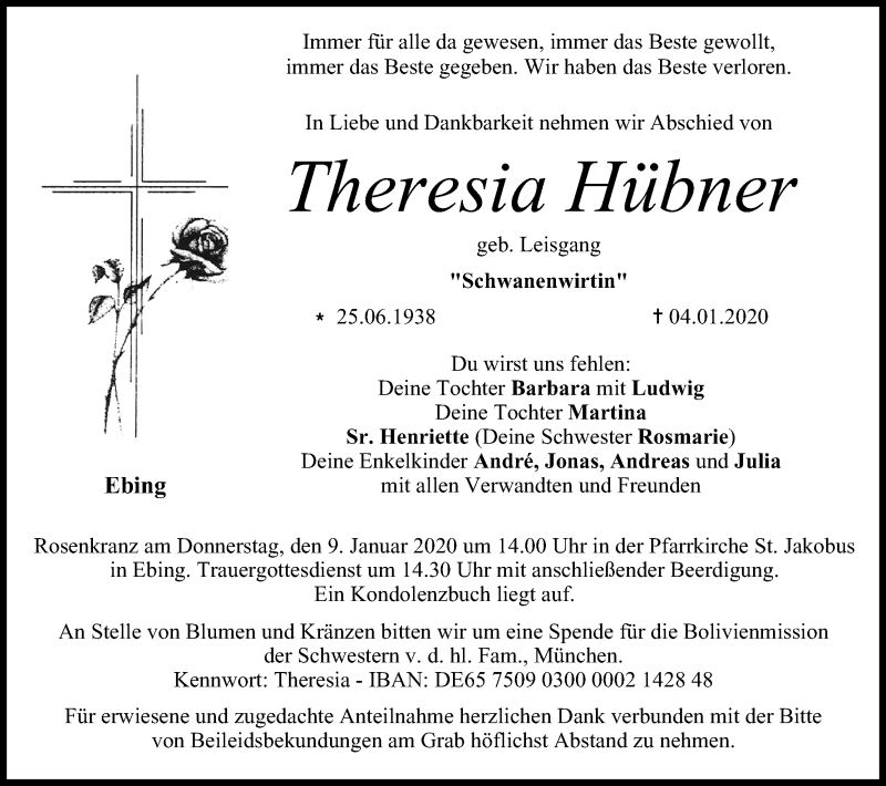  Traueranzeige für Theresia Hübner vom 07.01.2020 aus MGO