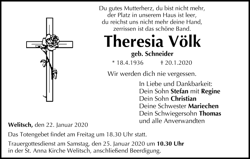  Traueranzeige für Theresia Völk vom 22.01.2020 aus MGO