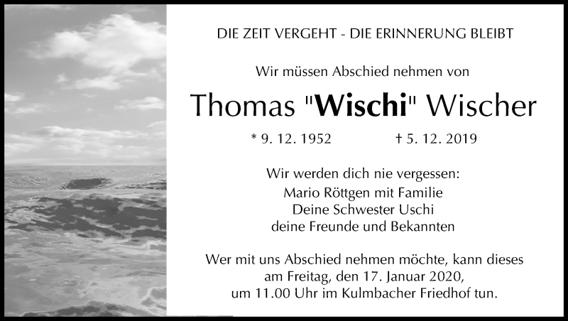  Traueranzeige für Thomas Wischer vom 15.01.2020 aus MGO