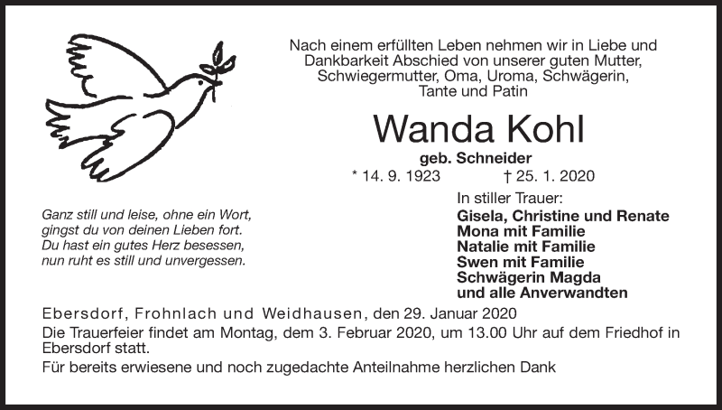  Traueranzeige für Wanda Kohl vom 29.01.2020 aus MGO