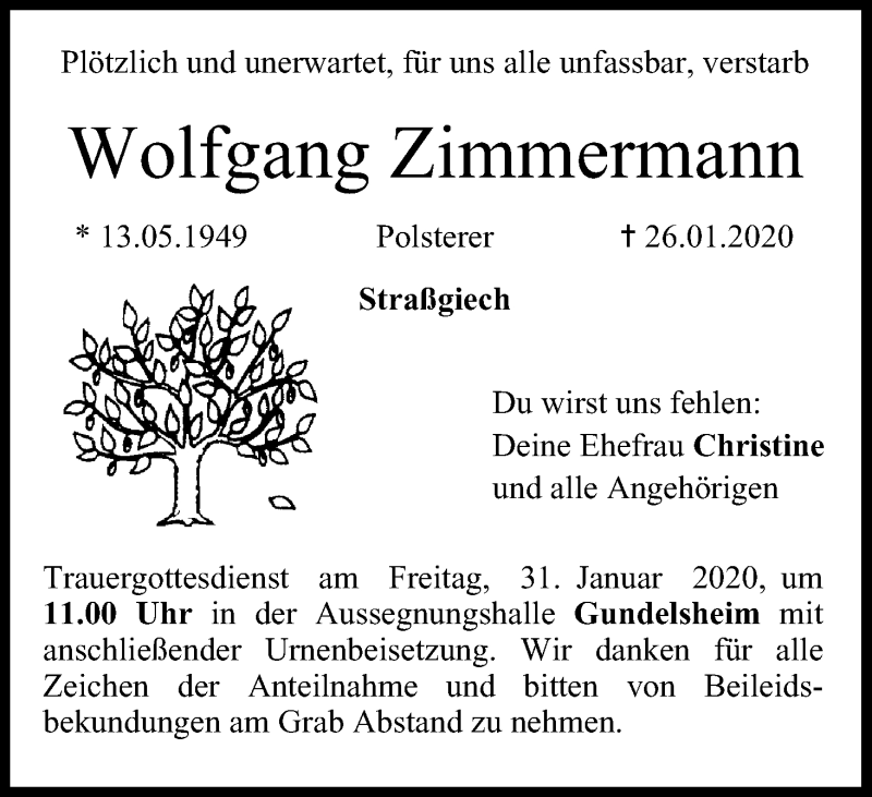  Traueranzeige für Wolfgang Zimmermann vom 28.01.2020 aus MGO