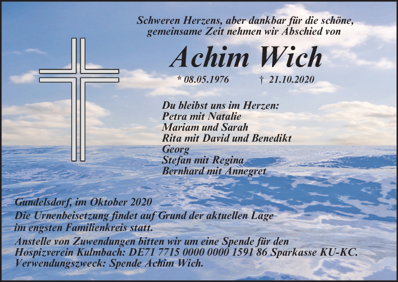  Traueranzeige für Achim Wich vom 27.10.2020 aus MGO