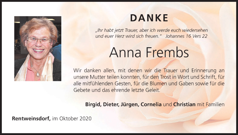  Traueranzeige für Anna Frembs vom 17.10.2020 aus MGO