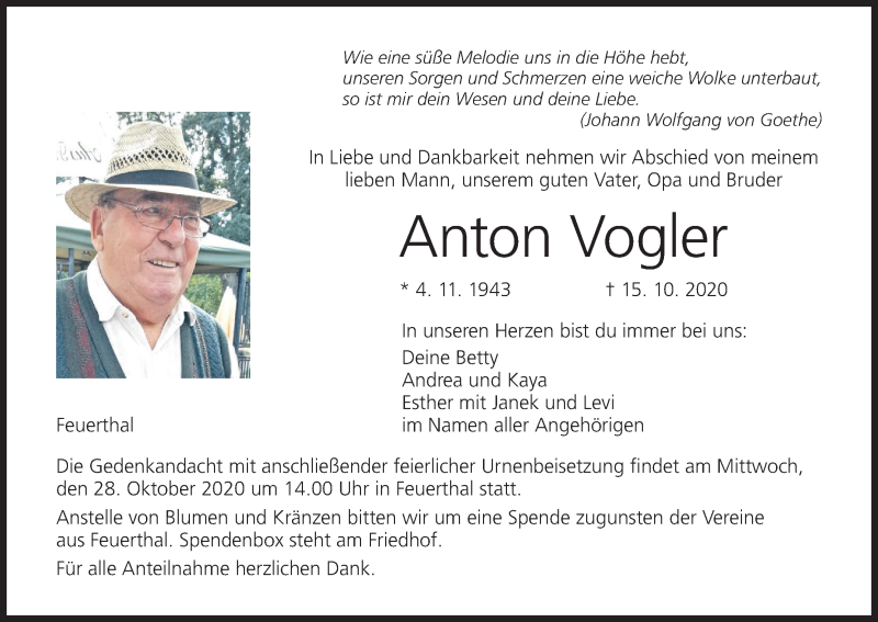  Traueranzeige für Anton Vogler vom 24.10.2020 aus MGO