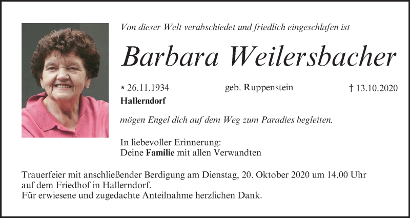  Traueranzeige für Barbara Weilersbacher vom 17.10.2020 aus MGO