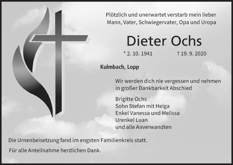  Traueranzeige für Dieter Ochs vom 24.10.2020 aus MGO