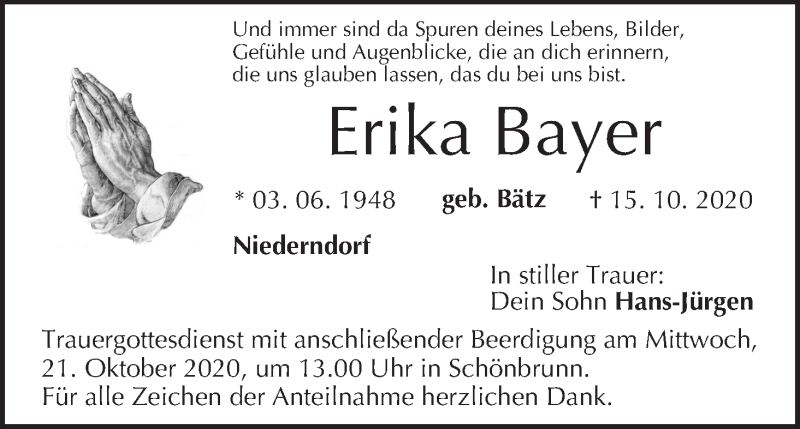  Traueranzeige für Erika Bayer vom 20.10.2020 aus MGO