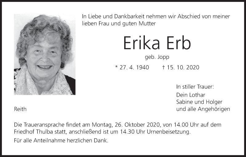 Traueranzeige für Erika Erb vom 21.10.2020 aus MGO