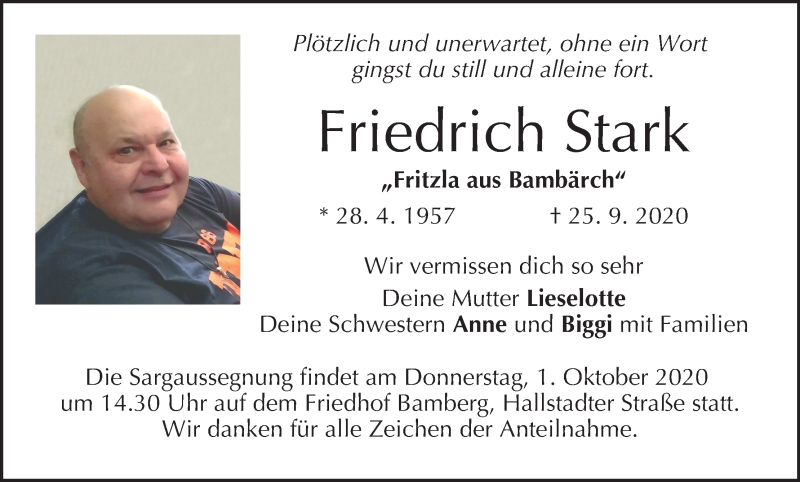  Traueranzeige für Friedrich Stark vom 30.09.2020 aus MGO