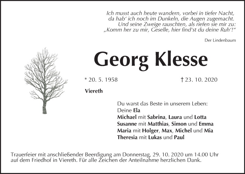  Traueranzeige für Georg Klesse vom 27.10.2020 aus MGO