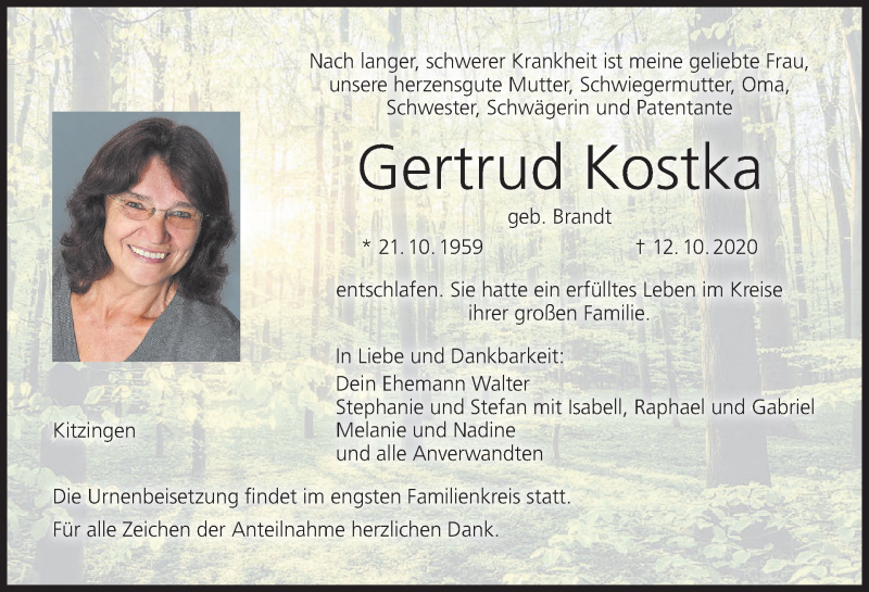  Traueranzeige für Gertrud Kostka vom 17.10.2020 aus MGO