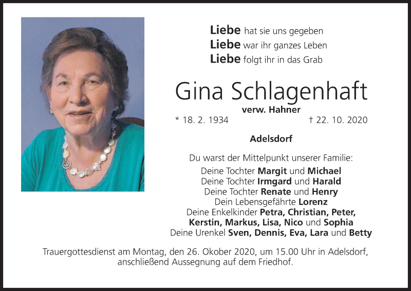  Traueranzeige für Gina Schlagenhaft vom 24.10.2020 aus MGO