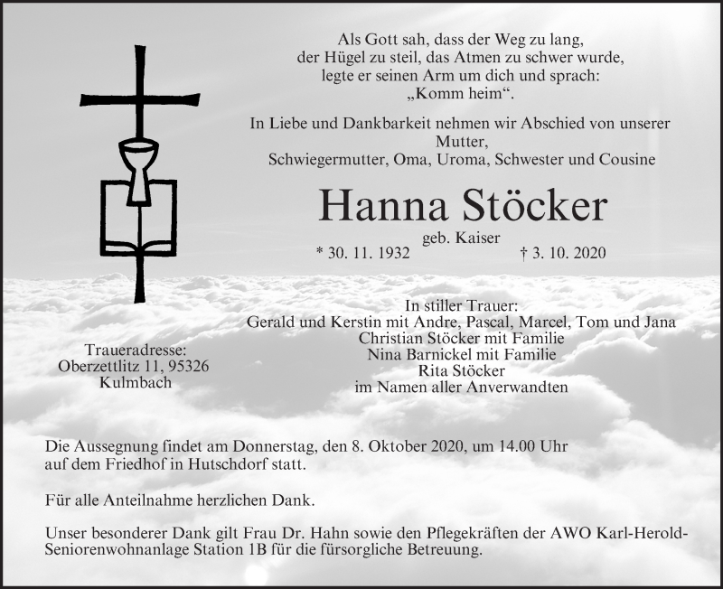  Traueranzeige für Hanna Stöcker vom 07.10.2020 aus MGO