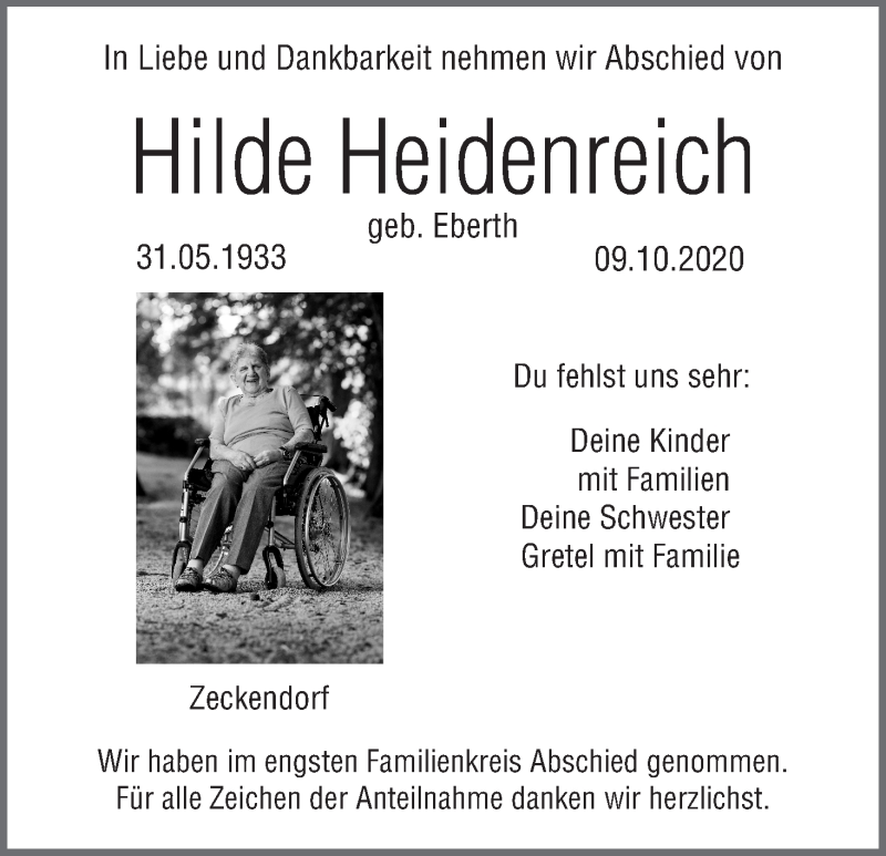  Traueranzeige für Hilde Heidenreich vom 17.10.2020 aus MGO