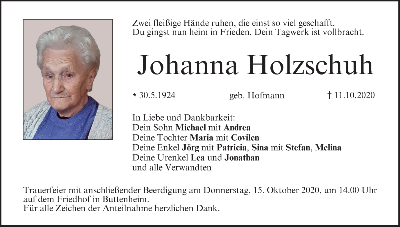  Traueranzeige für Johanna Holzschuh vom 13.10.2020 aus MGO