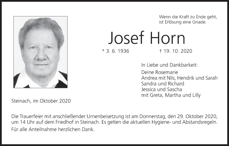  Traueranzeige für Josef Horn vom 24.10.2020 aus MGO