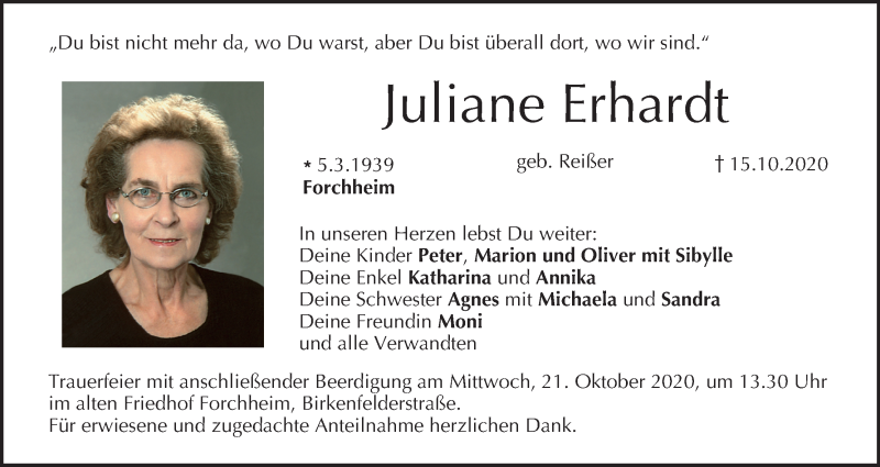  Traueranzeige für Juliane Erhardt vom 20.10.2020 aus MGO