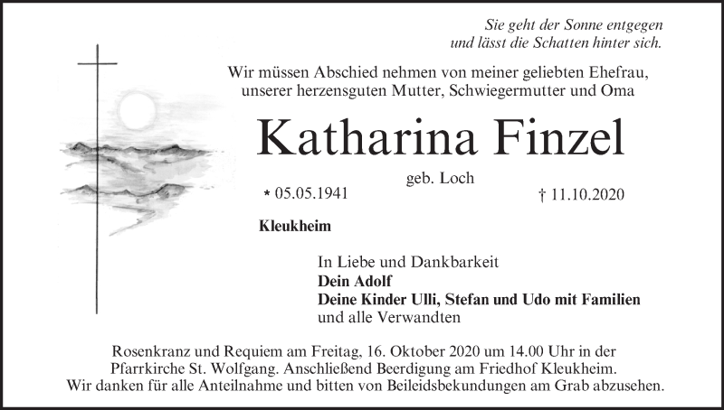  Traueranzeige für Katharina Finzel vom 14.10.2020 aus MGO