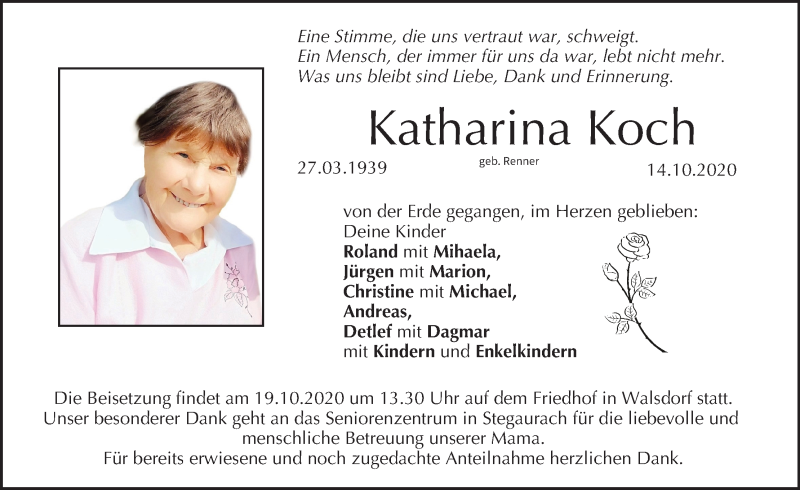  Traueranzeige für Katharina Koch vom 17.10.2020 aus MGO